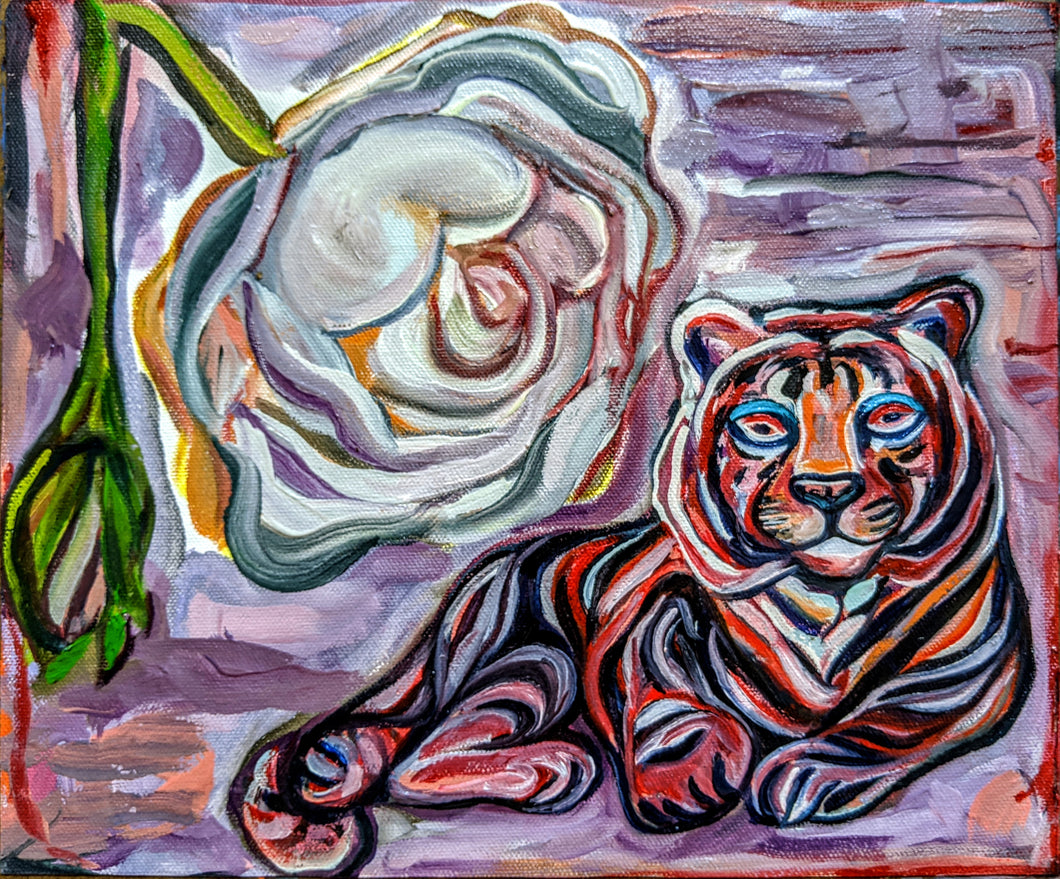 Red Tiger with Rose at Sunset
